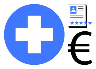 Obraz premium Blue healthcare cross with profile evaluation sheet featuring star ratings and euro currency symbol. Ideal for healthcare, finance, insurance, HR, recruitment, ratings, economic analysis