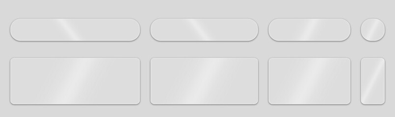 set of transparent glass on sample background. Glass framework set. Glass square, rectangular and round buttons on checkered background.	
