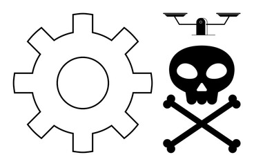 Obraz premium Cybersecurity, hazard warning, surveillance, digital ethics, industrial safety, technology risks. Gear symbol, skull with crossbones and surveillance camera. Reflects cybersecurity and hazard
