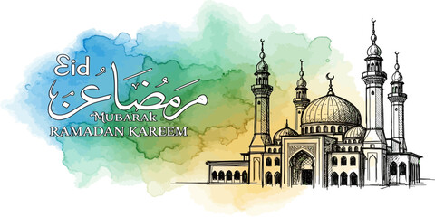 Eid Mubarak Ramadan Kareem greeting with mosque illustration watercolor background © Anabella