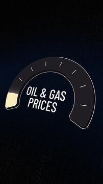 Vertical video of oil and gas prices meter rising rapidly then falling back, energy market volatility, petroleum cost fluctuation affecting global economy, fuel gauge metrics, Copy space