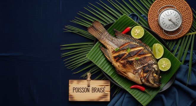 Gourmet Poisson Brais&eacute;: Whole Grilled Tilapia on Banana Leaf with Deep Negative Space and Indigo Textile