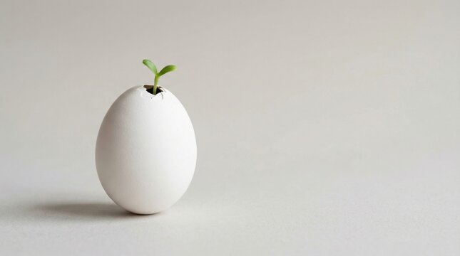 Green sprout growing from eggshell new life concept
