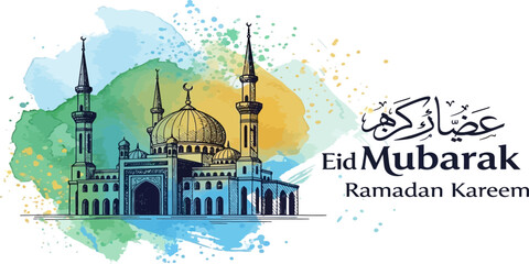Eid Mubarak Ramadan Kareem greeting with mosque illustration watercolor background © Anabella
