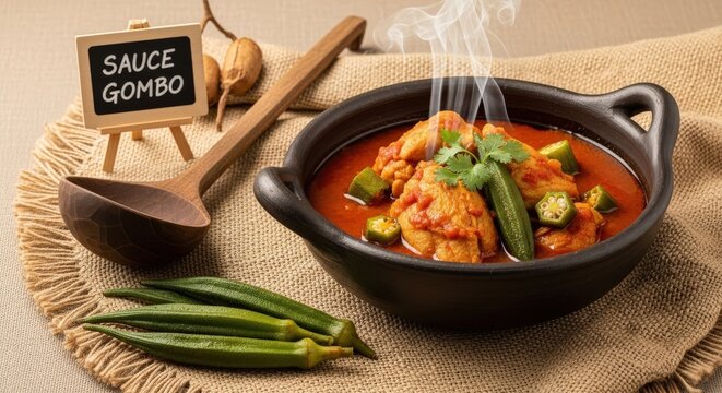 Gourmet Sauce Gombo: Traditional Okra and Chicken Stew in Clay Bowl with Moabi Plaque and Ndoa Raffia Mat