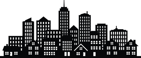 Minimal vector silhouette, city skyline with residential buildings, solid black, isolated on white. © Saruf