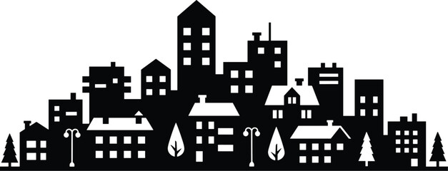 Minimal vector silhouette, city skyline with residential buildings, solid black, isolated on white. © Saruf