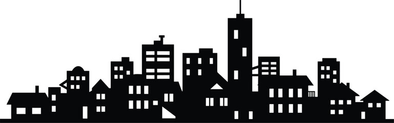 Minimal vector silhouette, city skyline with residential buildings, solid black, isolated on white. © Saruf