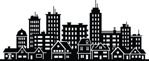 Minimal vector silhouette, city skyline with residential buildings, solid black, isolated on white. © Saruf