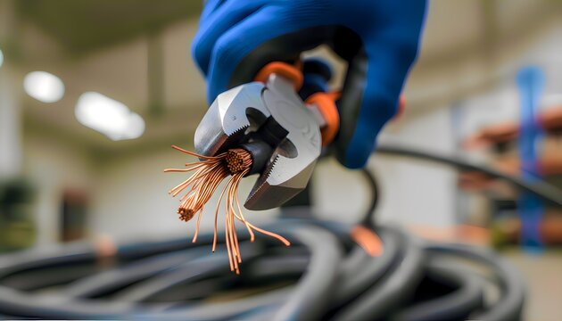 A skilled electrician's gloved hand expertly uses professional wire stripping pliers to precisely expose the bright copper conductors of a robust electrical cable, highlighting the meticulous