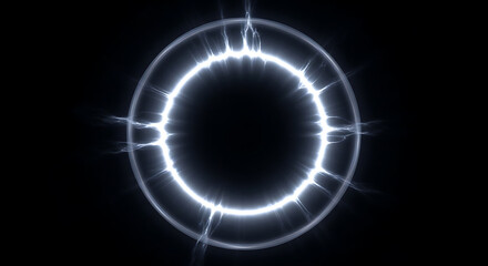 Obraz premium Glowing white energy portal circle with electric discharge and radial light rays on dark void background art