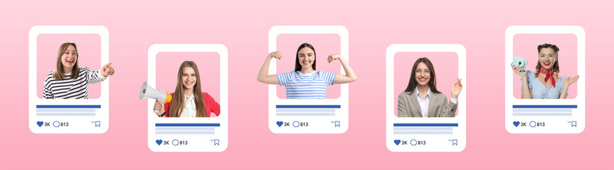 Bloggers in social media post frames on pink gradient background