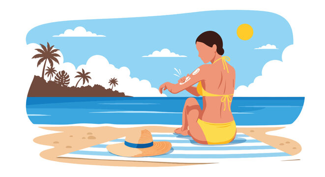 Modern vector illustration of woman applying sunscreen at beach with ocean background, summer skincare protection and healthy vacation lifestyle concept