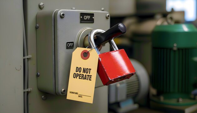 An industrial machine switch is securely locked out with a bright red padlock and a clear yellow "do not operate" tag, emphasizing critical safety protocols and hazard prevention in a factory