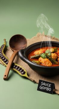 Gourmet African Sauce Gombo: Okra and Chicken Stew in Clay Bowl with Soft Green Negative Space and Traditional Moabi Accents