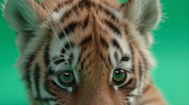 Playful Tiger Cub Walking Towards Camera on Teal Background