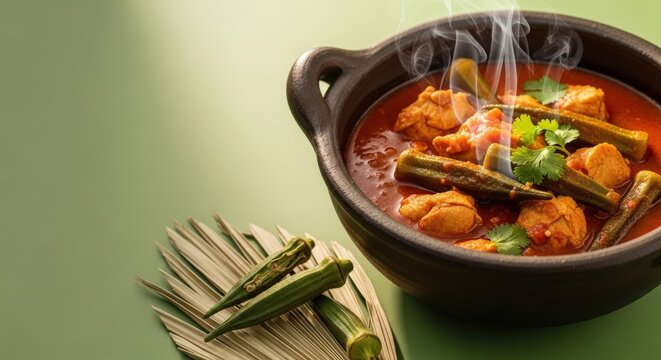 Traditional African Sauce Gombo: Okra and Chicken Stew in Clay Bowl with Soft Green Negative Space and Golden Hour Lighting
