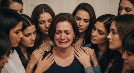 Obraz premium Crying woman is comforted by many women around her. Concept of support, empathy, and friendship in sorrow or despair situation.