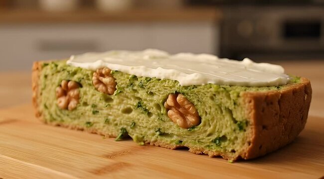 Close up of a savory zucchini bread loaf with cream cheese topping