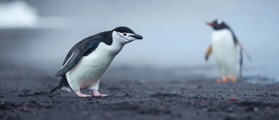 Obraz premium A Chinstrap penguin standing on a volcanic black sand beach with another penguin in the background