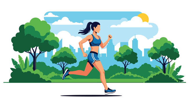 Modern vector illustration of woman jogging in sunny city park wearing summer fitness outfit, healthy active lifestyle and seasonal outdoor exercise concept