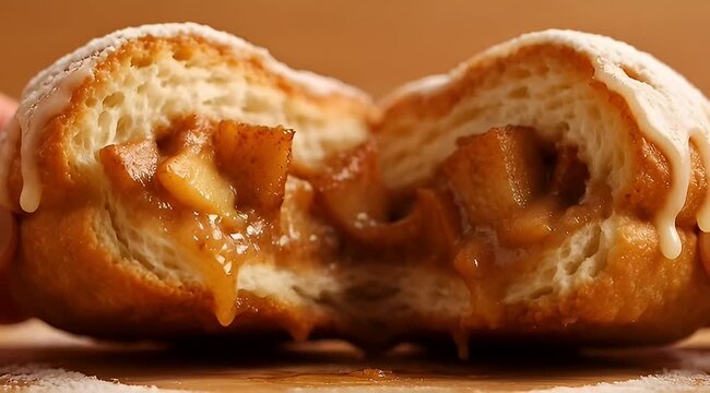 Delicious Apple Filled Donut Split Open, Showing Its Sweet and Gooey Filling