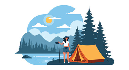 Modern vector illustration of woman setting up tent near lake in summer outfit, outdoor camping adventure and seasonal travel lifestyle concept © Amie