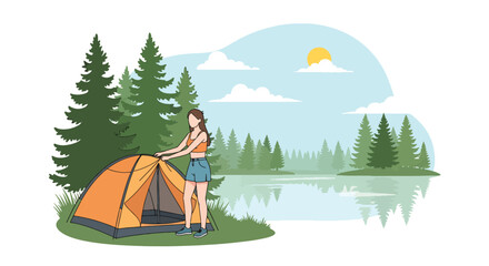 Modern vector illustration of woman setting up tent near lake in summer outfit, outdoor camping adventure and seasonal travel lifestyle concept © Amie