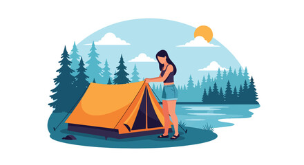 Modern vector illustration of woman setting up tent near lake in summer outfit, outdoor camping adventure and seasonal travel lifestyle concept © Amie