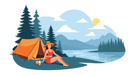 Modern vector illustration of woman setting up tent near lake in summer outfit, outdoor camping adventure and seasonal travel lifestyle concept © Amie