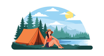 Modern vector illustration of woman setting up tent near lake in summer outfit, outdoor camping adventure and seasonal travel lifestyle concept © Amie