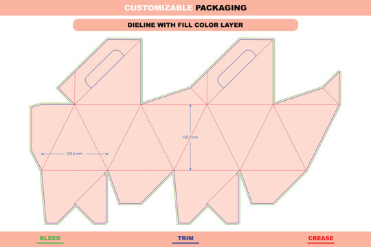 Triangular tuck end box dieline custom dimensions editable retail carton packaging stylish mockup customizable template fold marks setup detailed die line printing