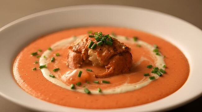 Delicious lobster bisque with cream swirl and fresh chives in a bowl
