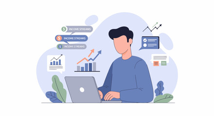 Naklejka premium Young man working on laptop analyzing business data and financial graphs.