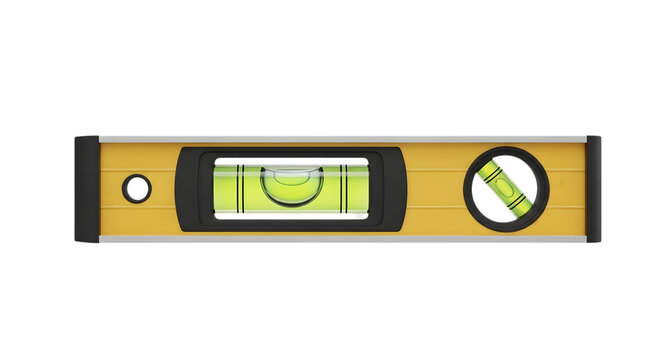 A yellow spirit level tool on a black background for construction work