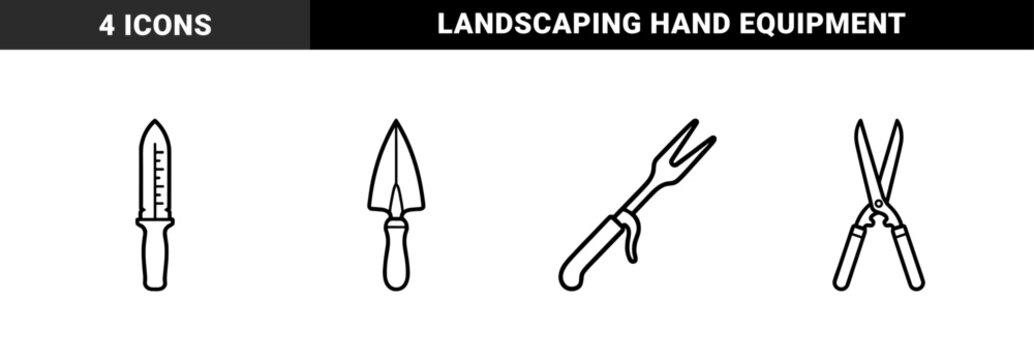 Gardening hand tools and landscaping equipment for backyard maintenance. Minimalist monoline pictograms featuring trowel, transplanter, weeder, and pruning shears.