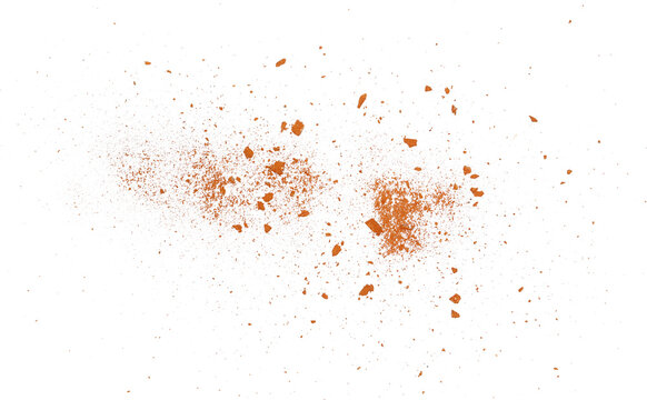 Crushed and broken red brick, dust scattered flying, explosion isolated on white background, clipping path, design element