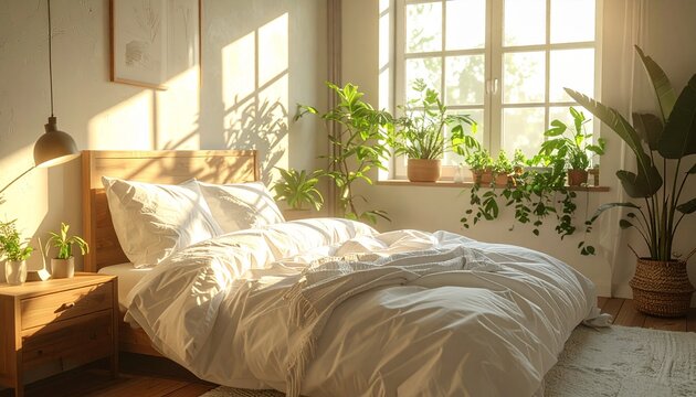 Bright bedroom with white bedding, wooden furniture, and numerous green plants bathed in warm morning sunlight.