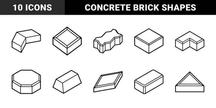 Concrete paving stones and interlocking brick shapes for landscape architecture. Technical monoline diagrams of outdoor flooring and masonry materials.