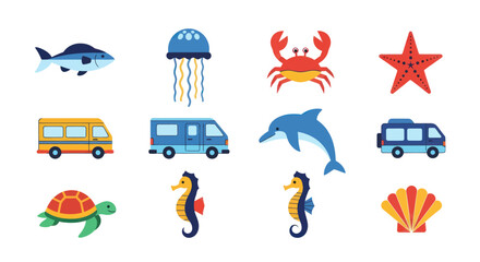 Ocean creatures and transport icons © Ganesha