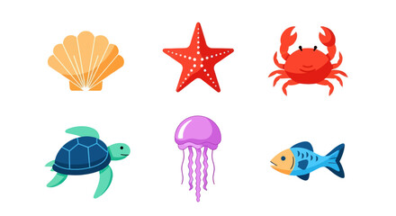 Ocean life shell starfish crab turtle jellyfish fish © Ganesha