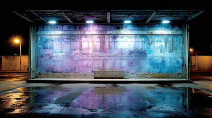 Obraz premium Illuminated bus stop at night reflecting in the wet ground.