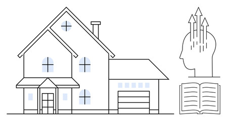 Knowledge concept. Knowledge is ed with symbols of an open book and head with arrows, alongside a suburban house illustration. Knowledge fosters growth and learning. For education, home learning