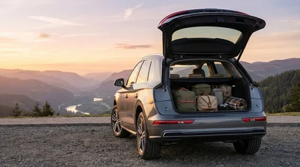 SUV with open trunk parked at scenic mountain overlook at sunset © Katia25