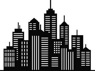 Minimal vector silhouette, city skyline with residential buildings, solid black, isolated on white. © Saruf