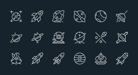 Space exploration icon set on dark backdrop © Ganesha
