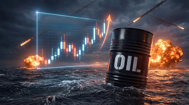 Global oil price surge amidst conflict: candlestick chart, barrel, and explosions