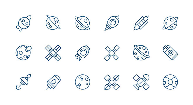 Space icons set planets rockets satellites