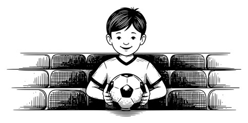 Happy young boy sitting in stadium stands holding a soccer ball in woodcut engraving style © AnimalZOO