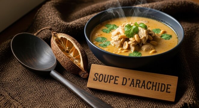 Gourmet Soupe d&rsquo;Arachide: Creamy African Peanut Soup with Chicken, Traditional Ndoa Mat, and Antique Accents